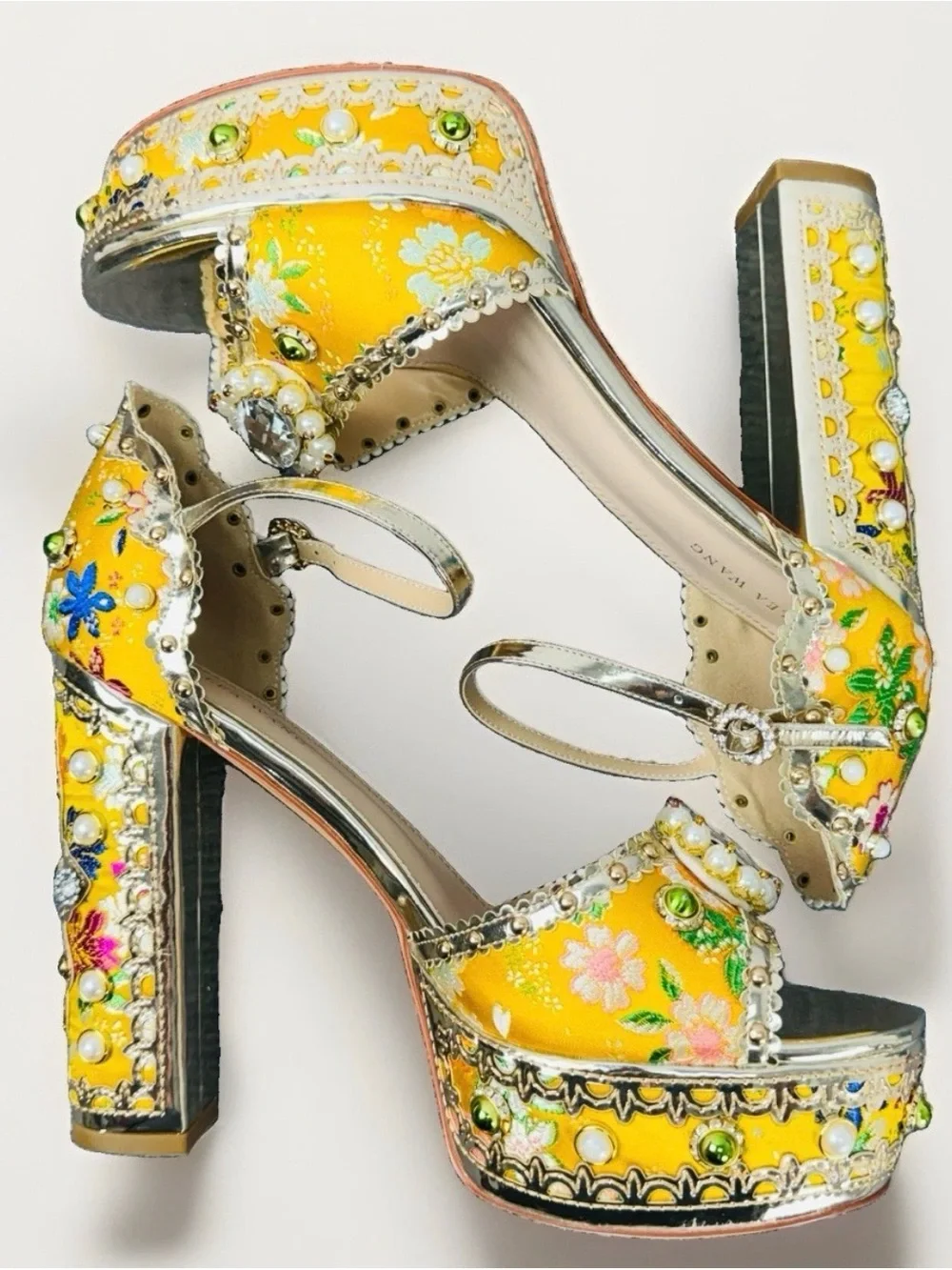 Azalea Wang Cici Yellow Gold Jeweled Baroque Platform Heels